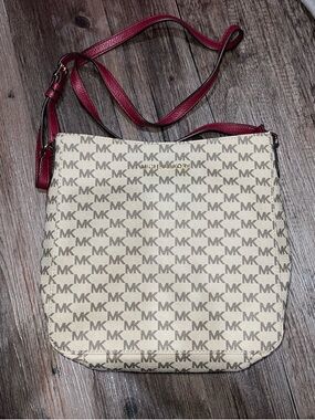 Michael Kors Cream MK Monogram Crossbody with Burgundy Trim
